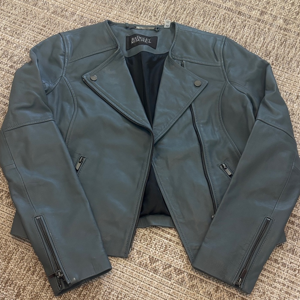Badgley Mischka Men's Dark Teal Leather Biker Jacket